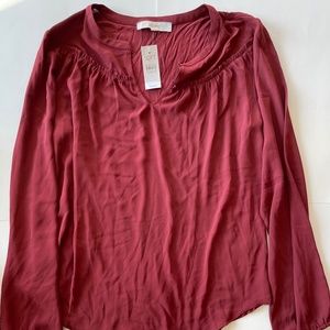 Loft Maroon red smocked blouse with long sleeves, size medium